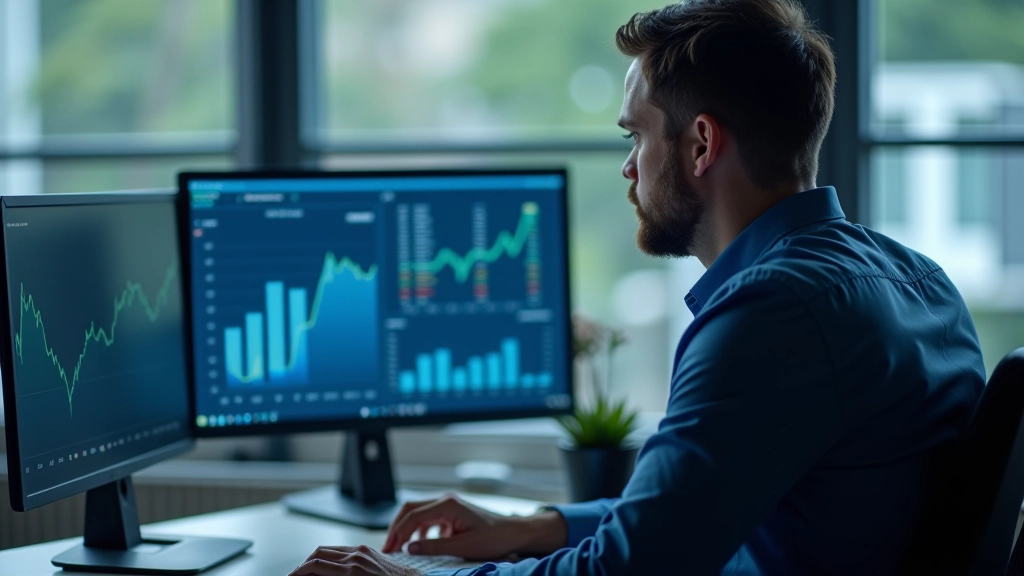 Analytik u počítače se dvěma monitory zobrazujícími ekonomické grafy a tabulky