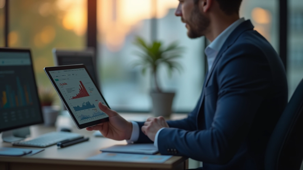 Analytik pracuje s ekonomickými daty na tabletu v kancelářském prostředí