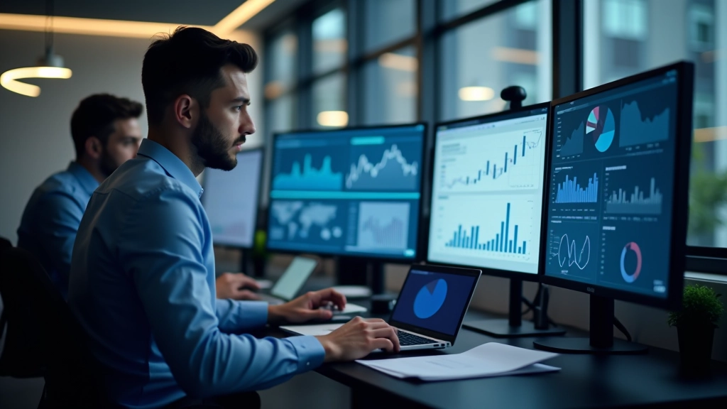 Pracovníci v kanceláři analyzují ekonomické grafy a data na velkých obrazovkách